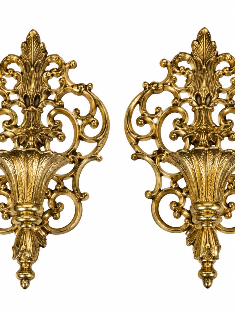 Vintage Hollywood Regency Gold Tone Wall Sconces Pair Ornate Candle Holders